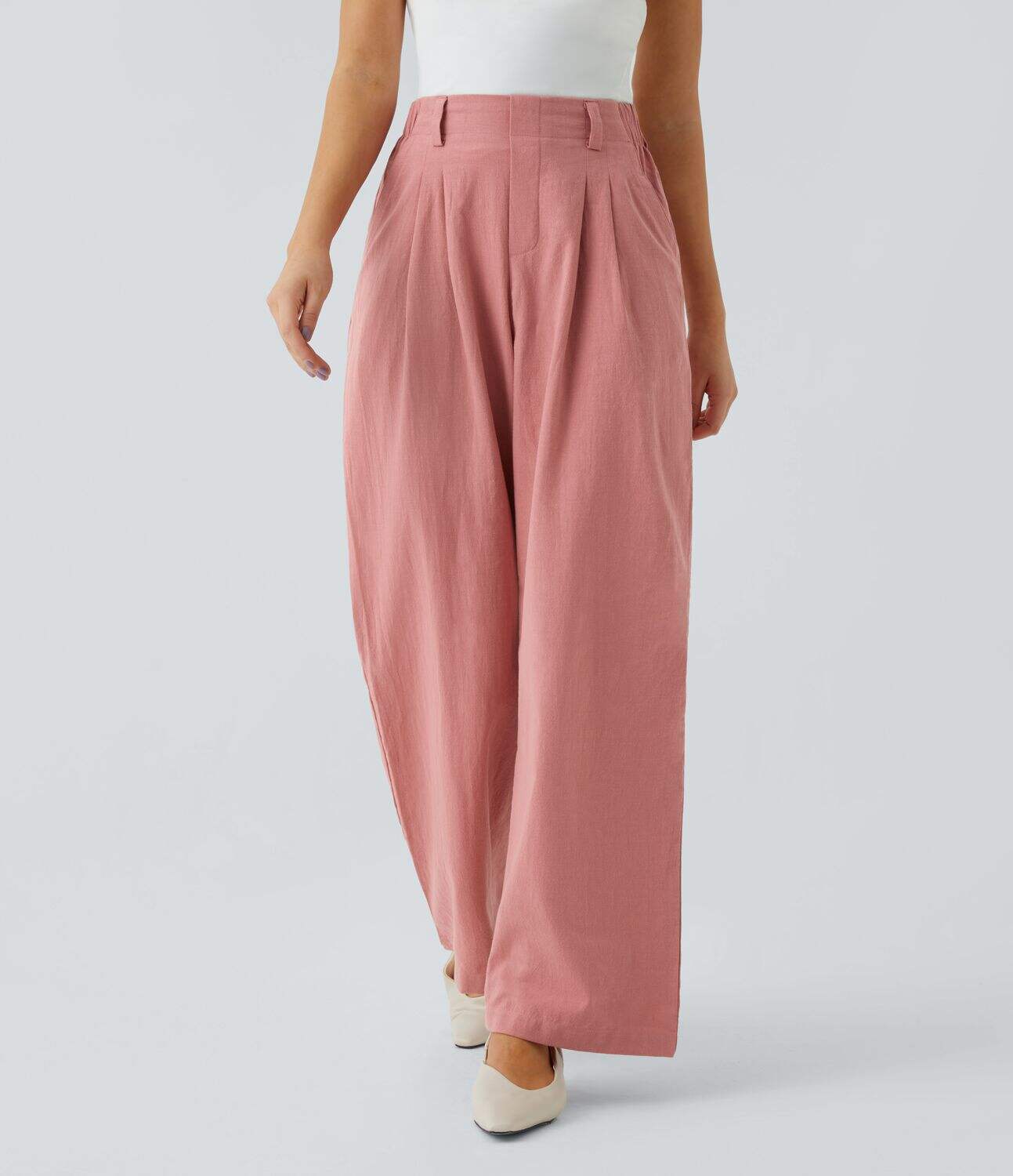 High Waisted Plicated Side Pocket Wide Leg Flowy Solid Palazzo Casual Linen-Feel Pants