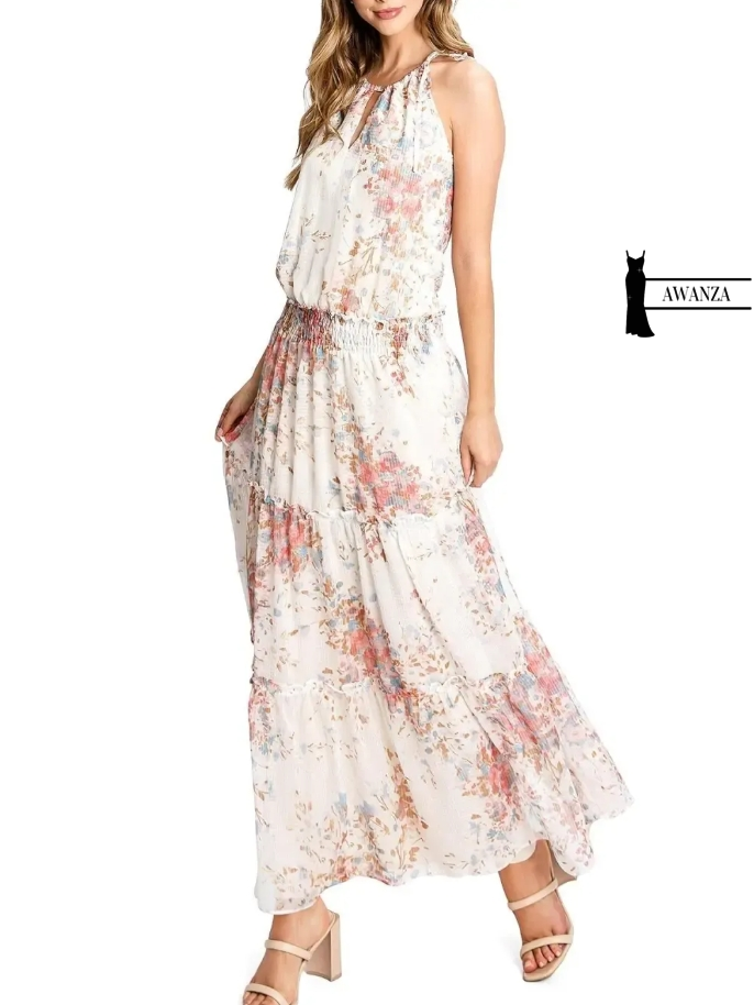 White Floral Print Halter Maxi Dress