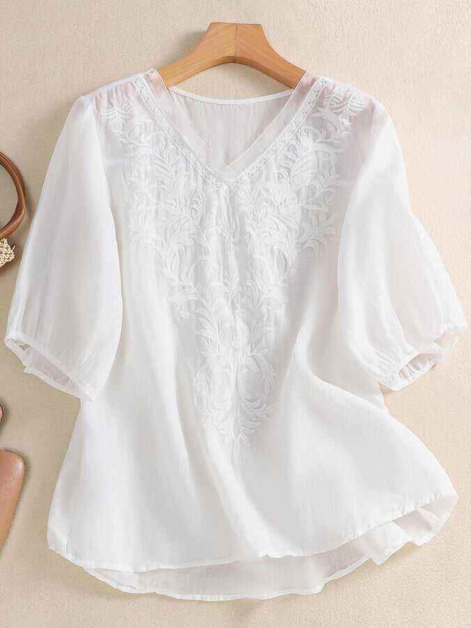 Mesh Embroidery V-Neck Loose Casual Shirt