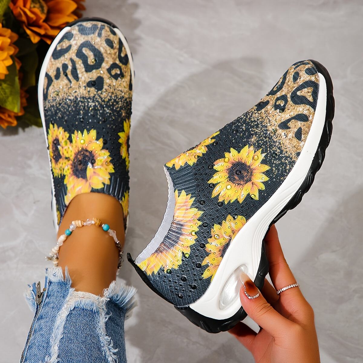 Women's Sunflower Pattern Sock Sneakers, Air Cushion Low Top Slip On Running Trainers, Casual Outdoor Walking Shoes