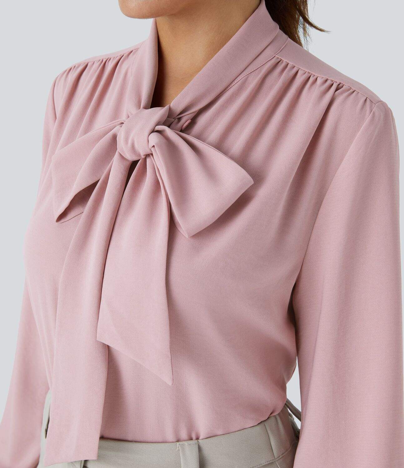 Tie Neck Plicated Long Sleeve Button Work Blouse