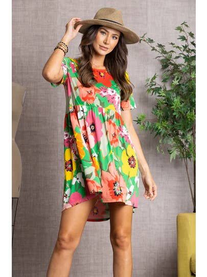 Bold Floral Short Sleeve Babydoll Mini Dress