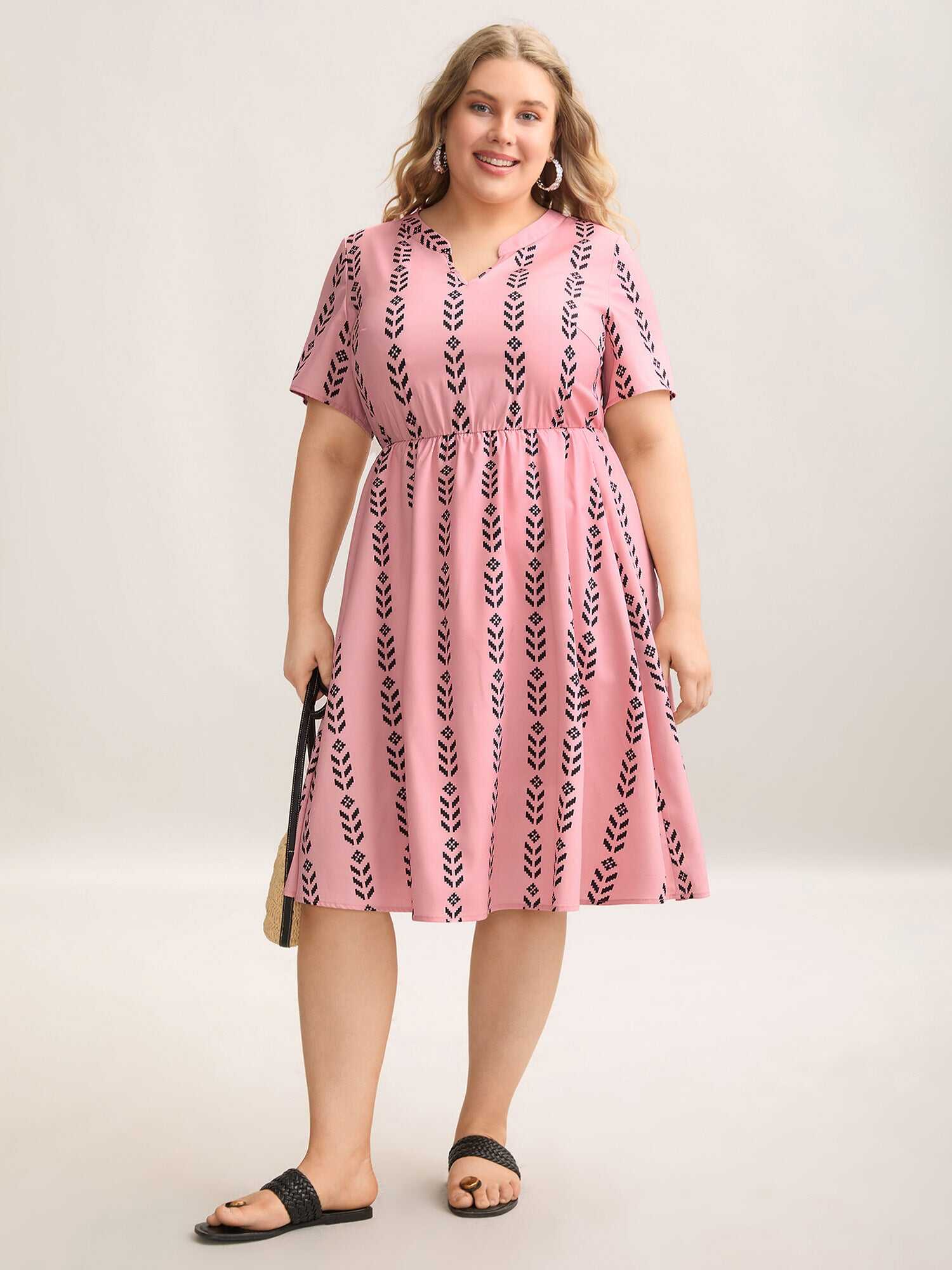Boho Striped Split Neck Midi Dress