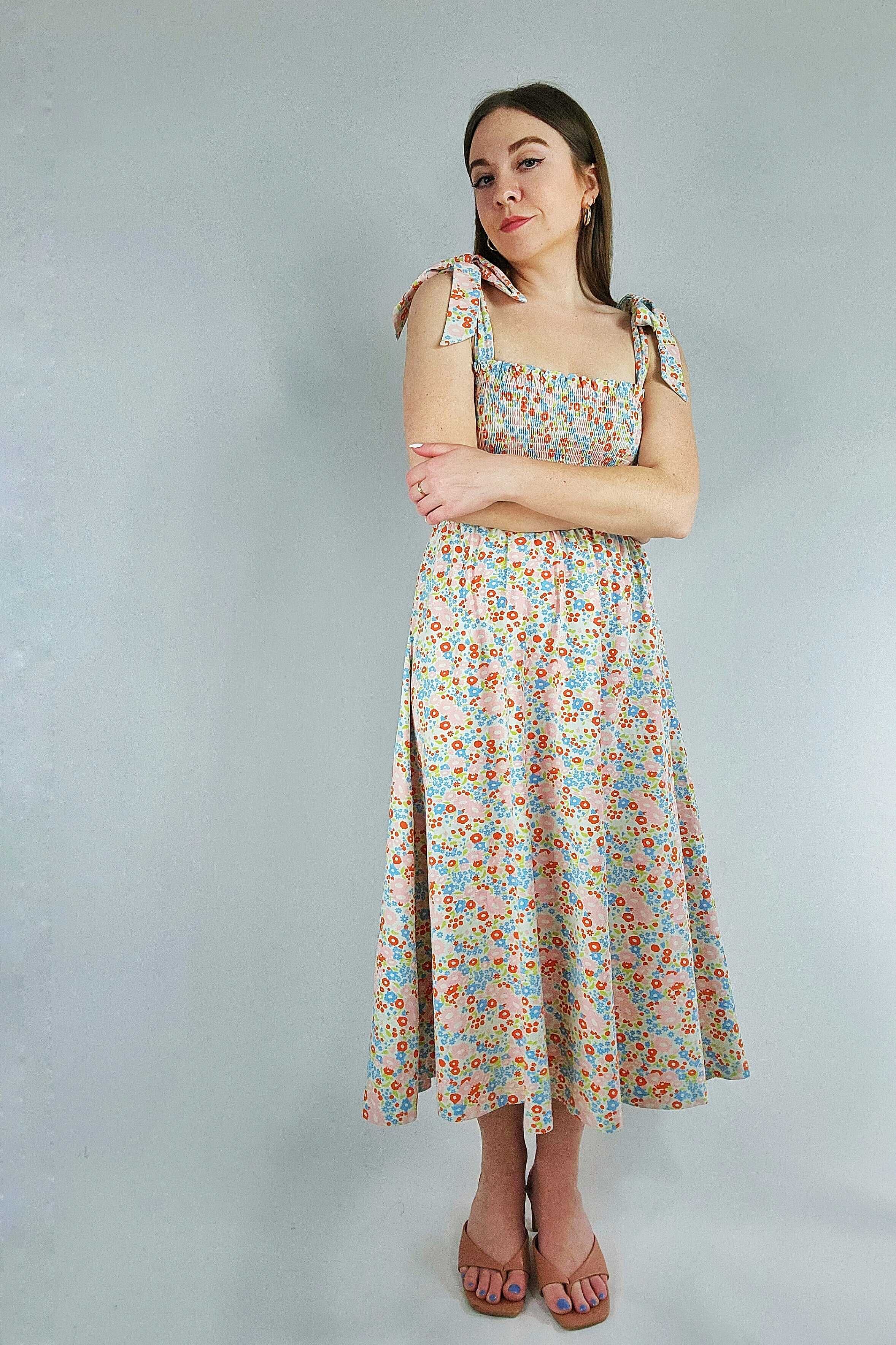 Tie Strap Smocked Floral Organic Cotton Midi Dress