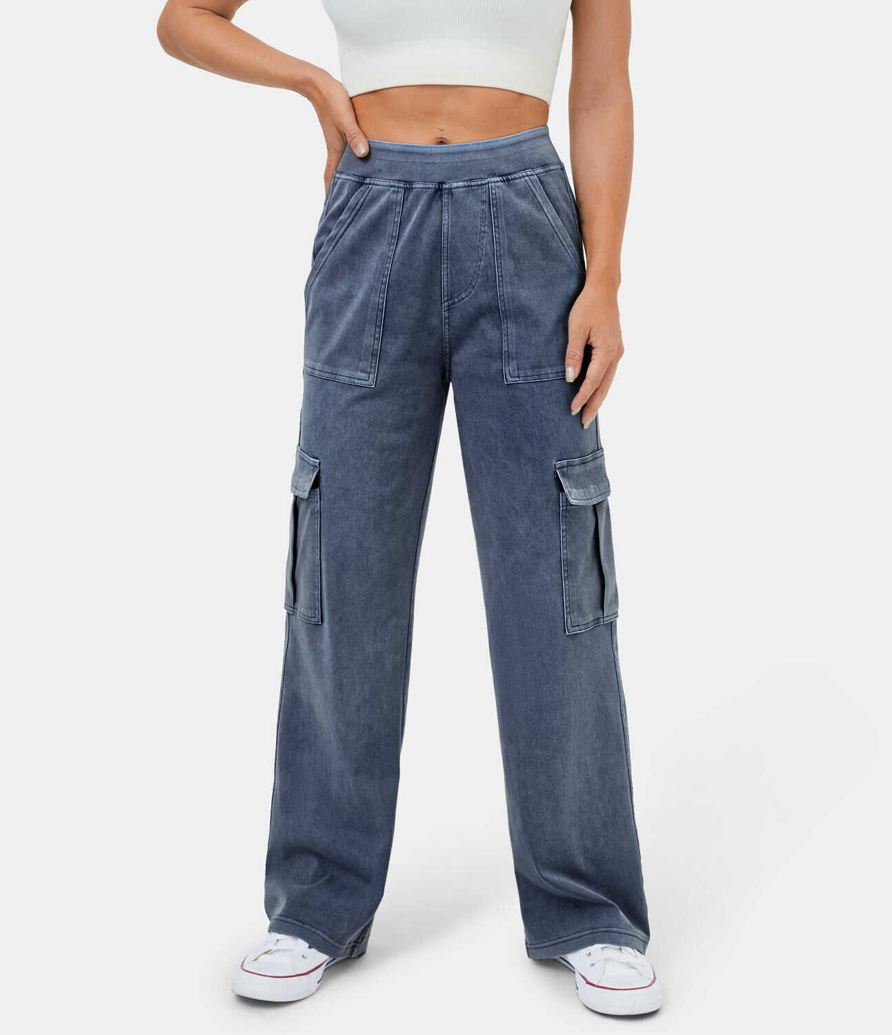 Mid Rise Multiple Pockets Straight Leg Stretchy Knit Casual Cargo Jeans