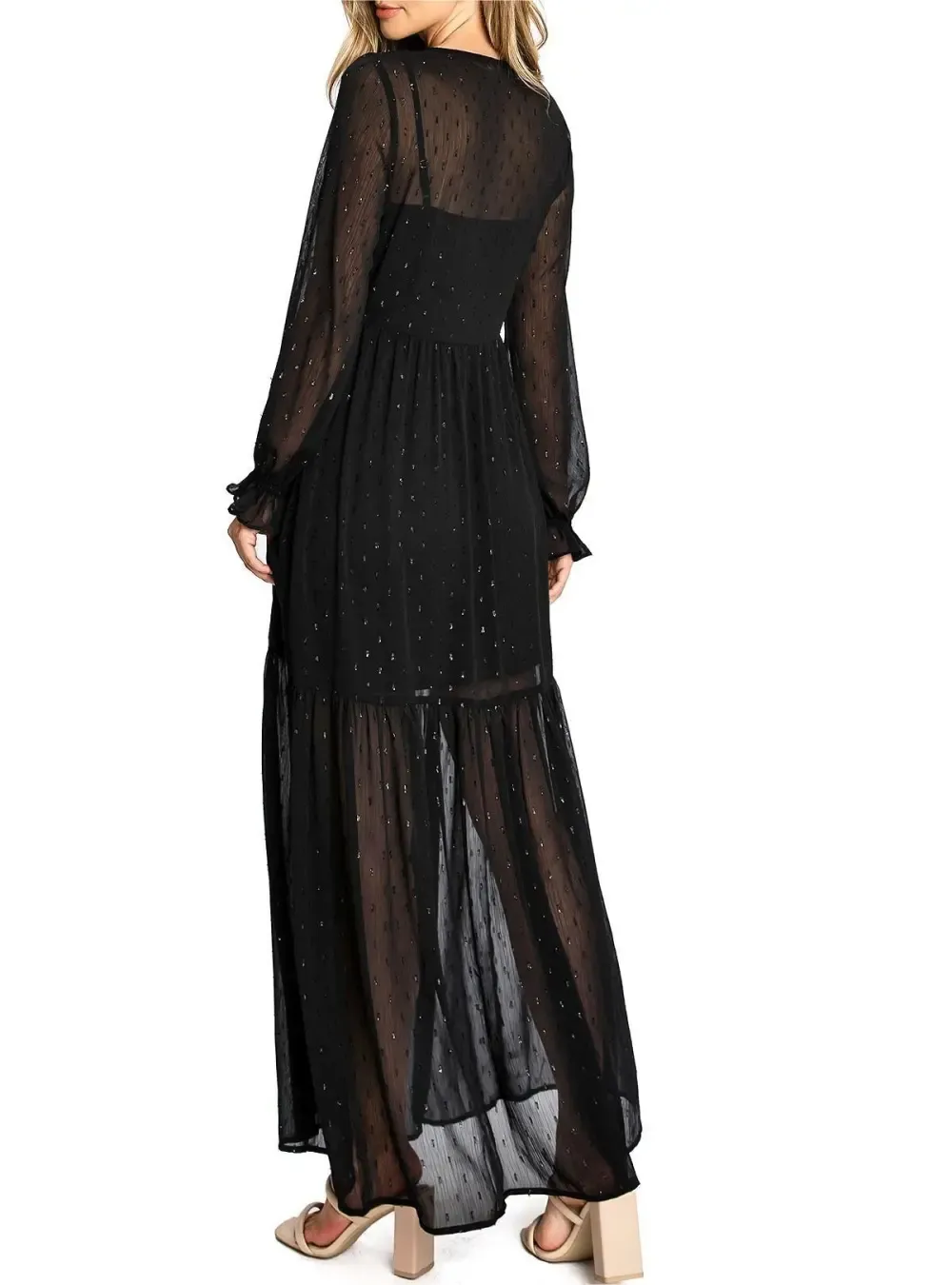 Black Chiffon - Sleeve Button - Front Maxi Dress