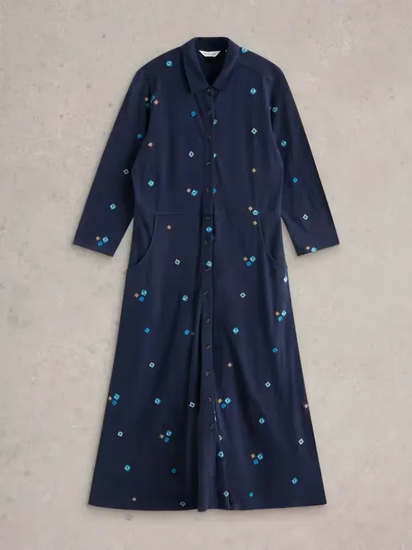 Rua Embroidered Jersey Dress In Navy Print