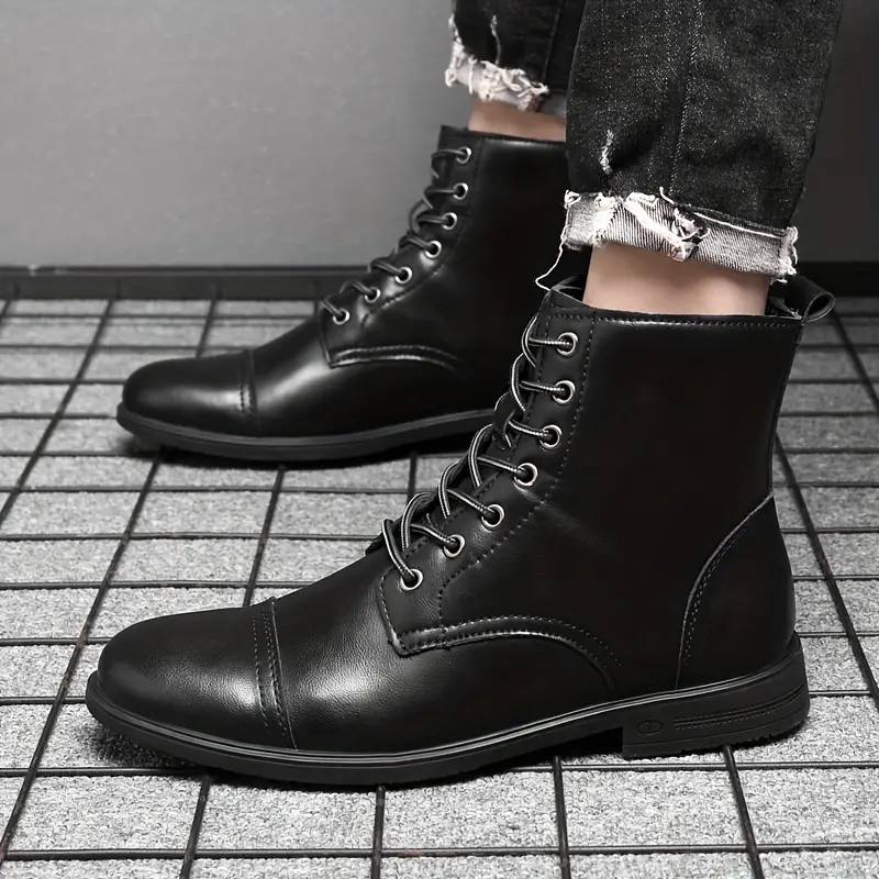 Italian Men's High-top Leather Boots Cap Toe Waterproof Wear-resistant Dress Boots Work Boots