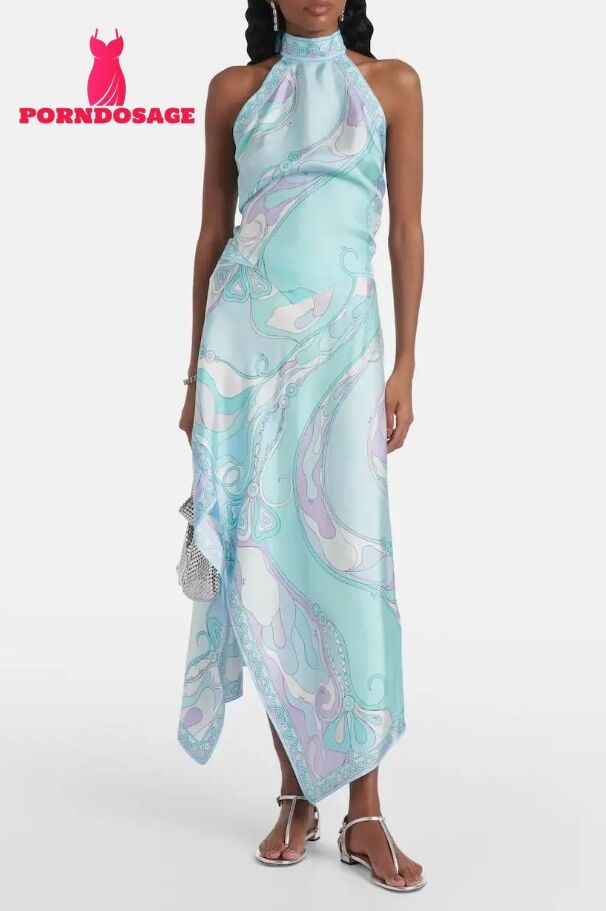 Satin Halter Neck Mini Top & Scarf Print Mid Waist Midi Skirt Set
