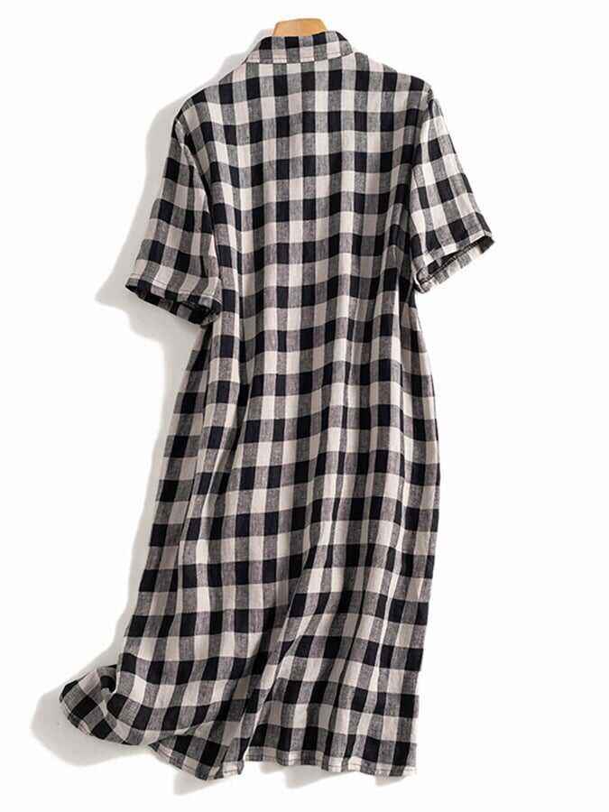 Polo Neck Short Sleeved Plaid Linen Shirt Skirt