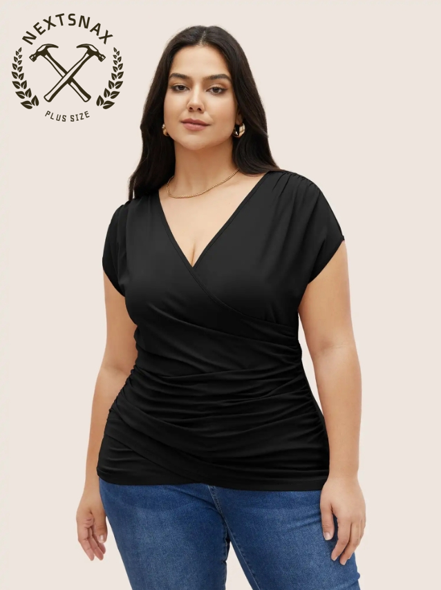 Plain Ruched Overlap Collar Dolman Sleeve Knit Top