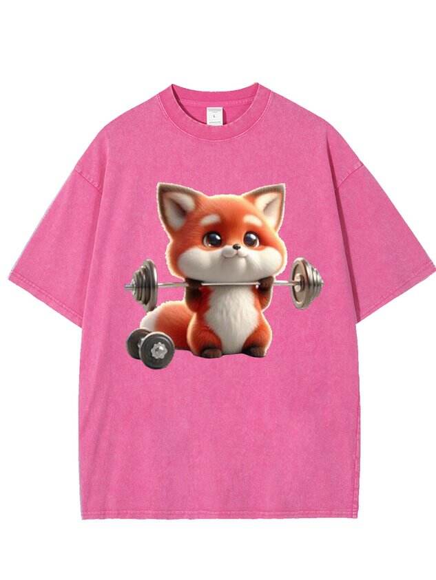 Funny Weightlifting Fox Print Washed Tee 🦊💪