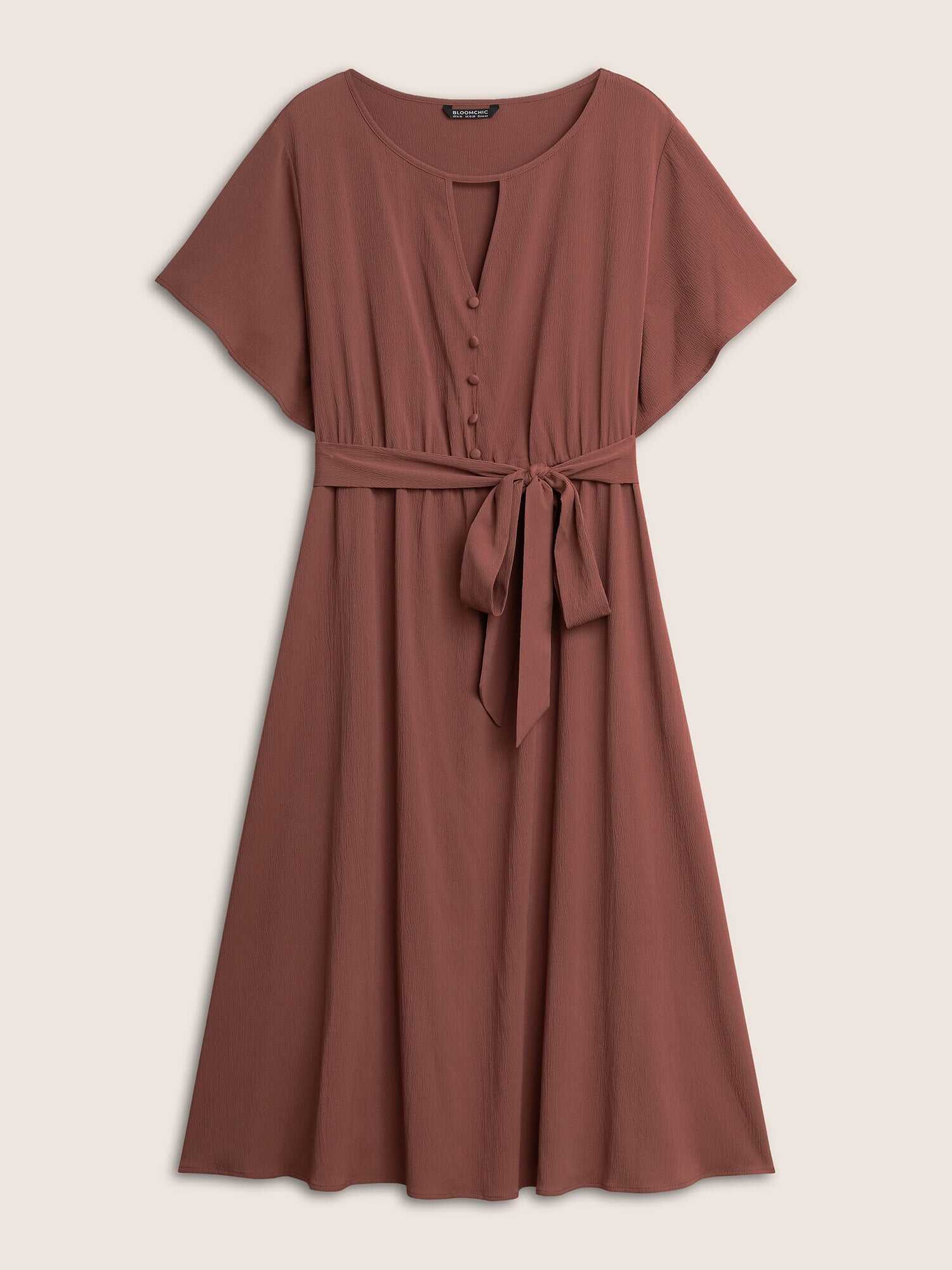 Anti-Wrinkle Keyhole Button Detail Belted Dress