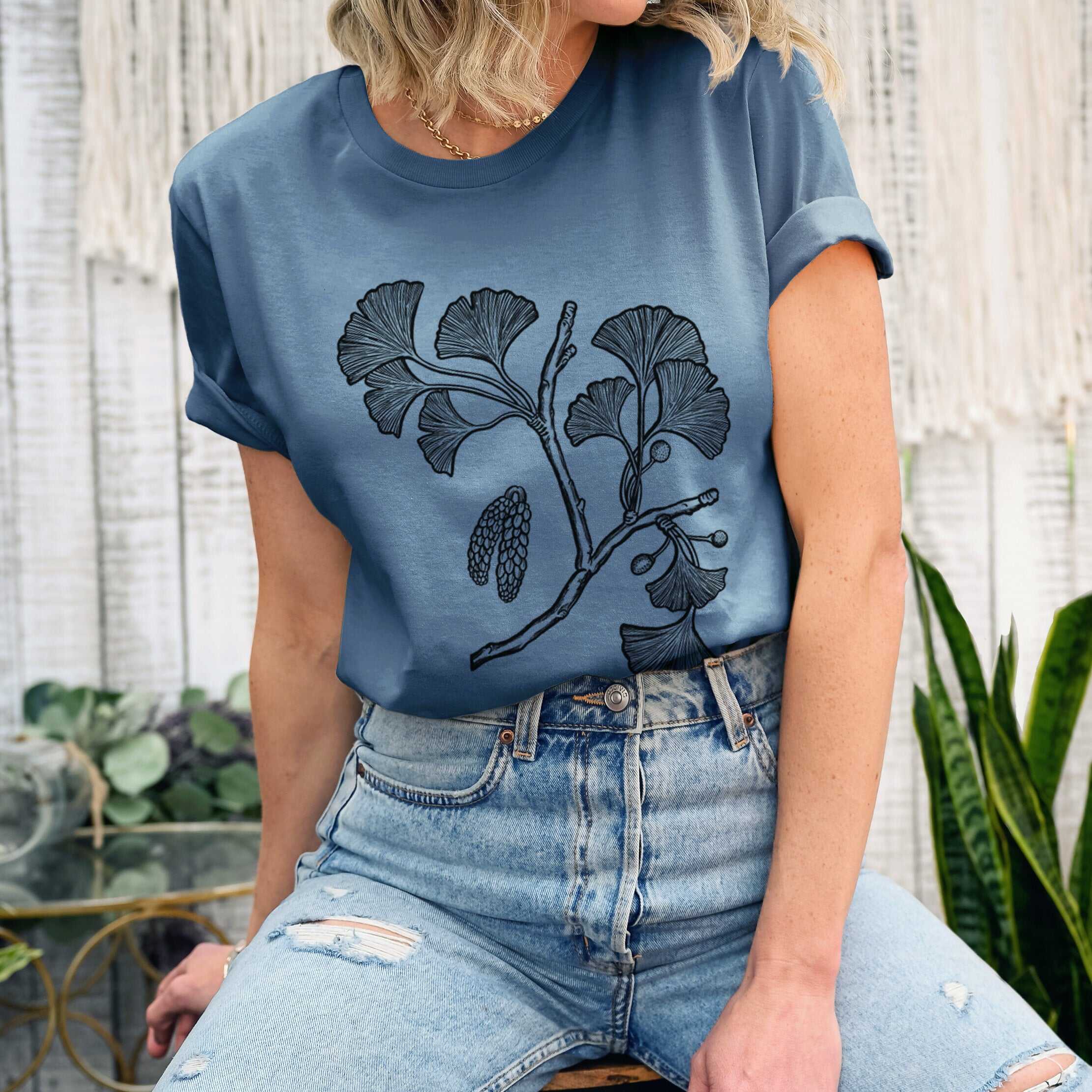 Ginkgo Biloba - Ginkgo Tree Stem with Leaves - Lightweight 100% Cotton Unisex Crewneck