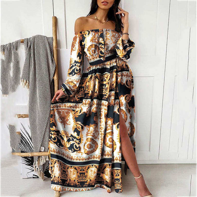 V-neck pulower vintage sukienka maxi z długim rękawem