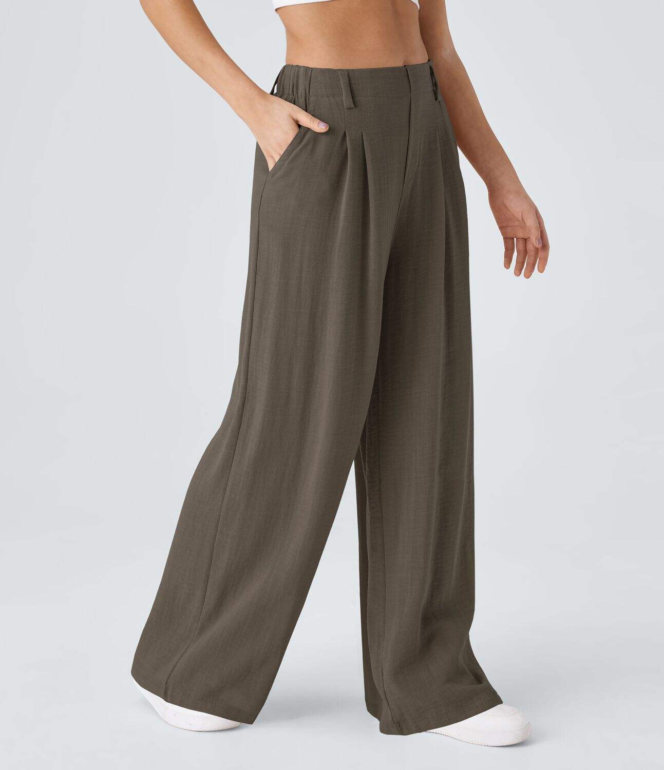 High Waisted Plicated Side Pocket Wide Leg Flowy Solid Palazzo Casual Linen-Feel Pants