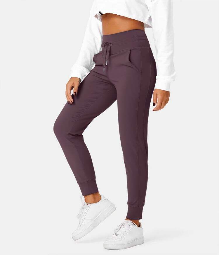 Airy High Waisted Drawstring Side Pocket Plain Cool Touch Full Length Joggers-UPF50+