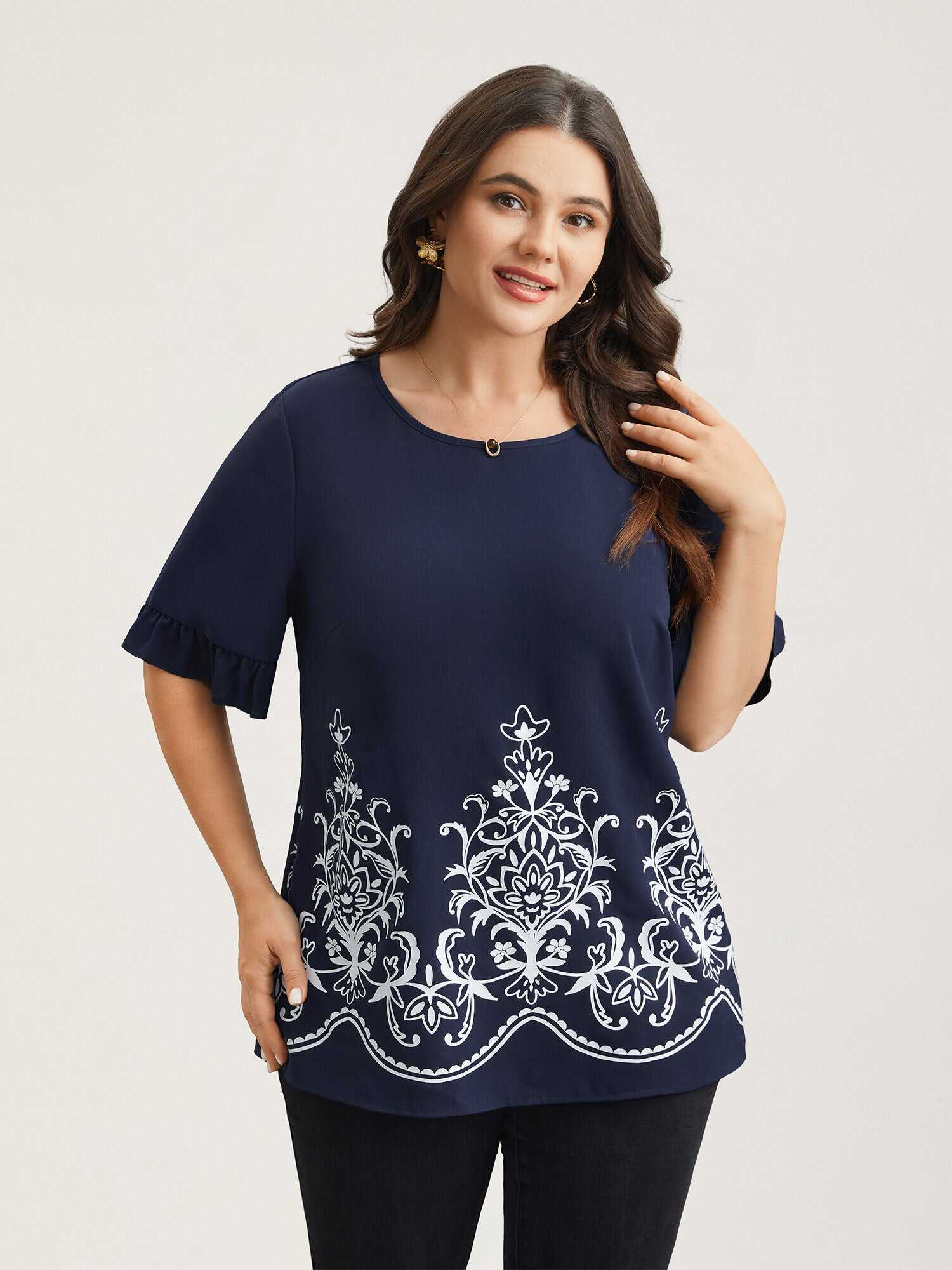 Floral Print Round Neck Ruffled Sleeve Shirt