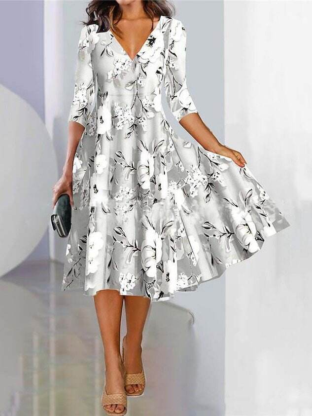 V Neck Floral Loose Casual Dress