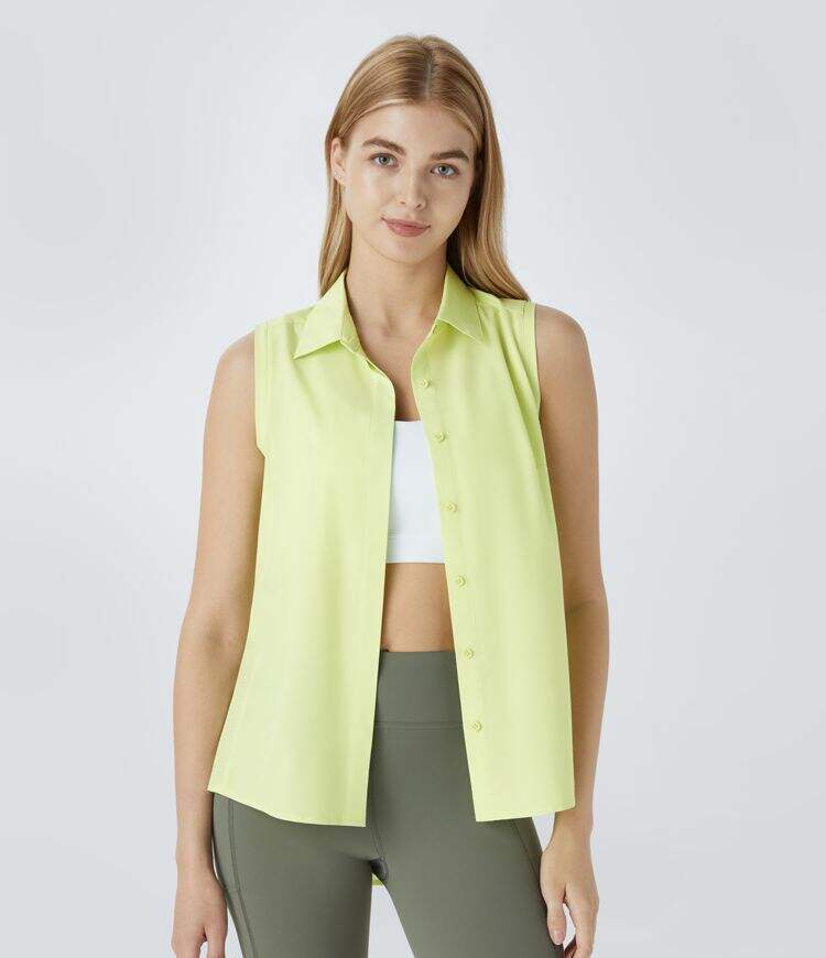 Collared Sleeveless Button Curved Hem Hiking Shirt