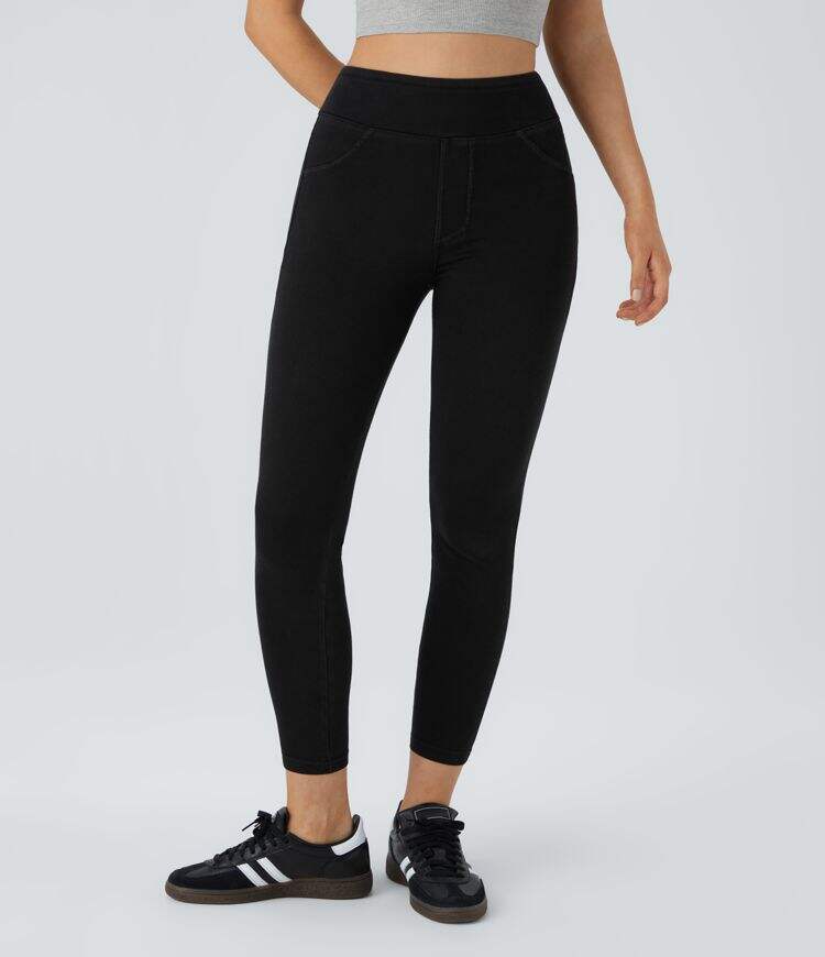 Ha High Waisted Back Side Pocket Stretchy Knit Denim Casual Leggings