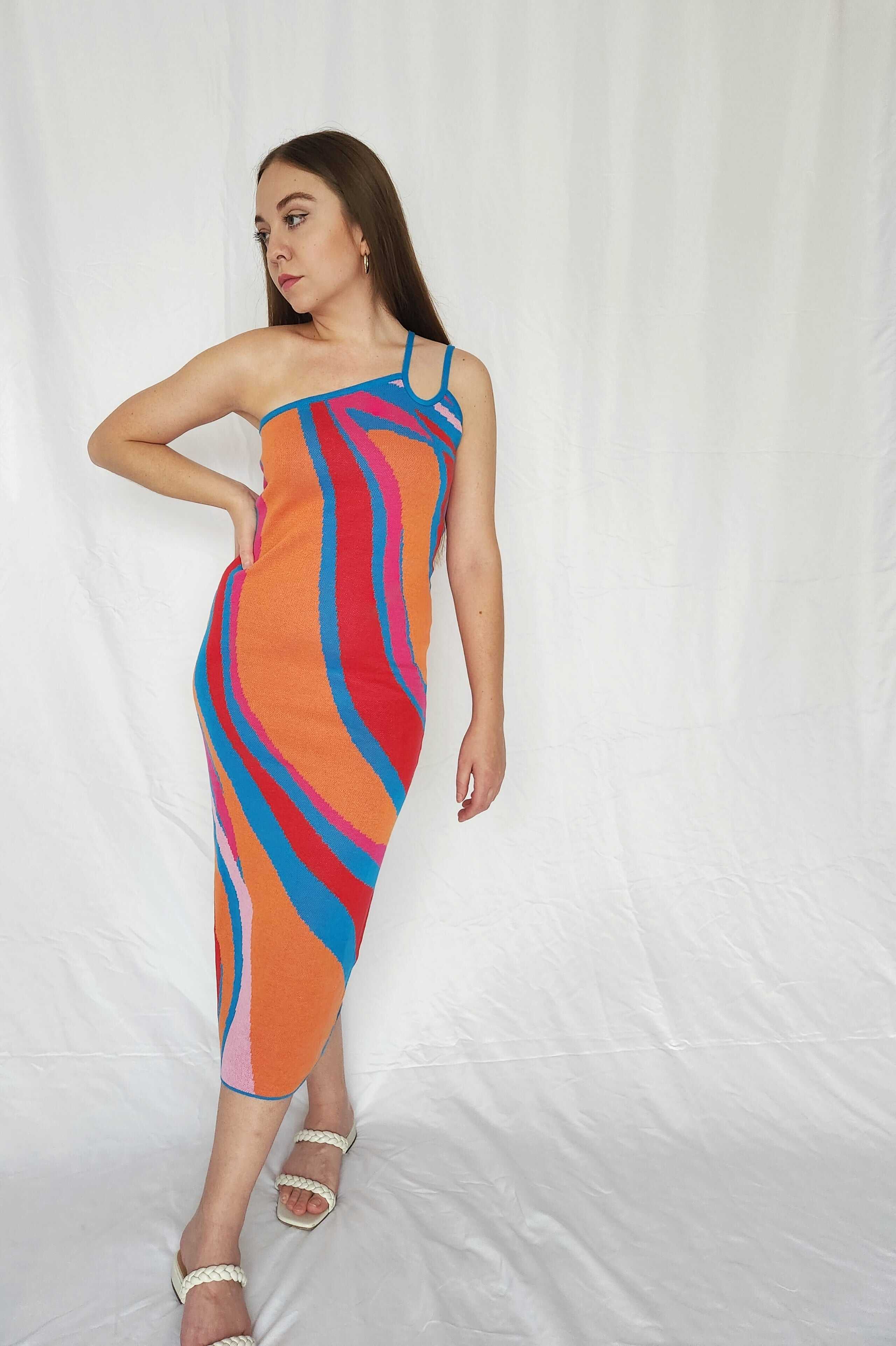 One Shoulder Multicolor Knit Midi Dress - SALE