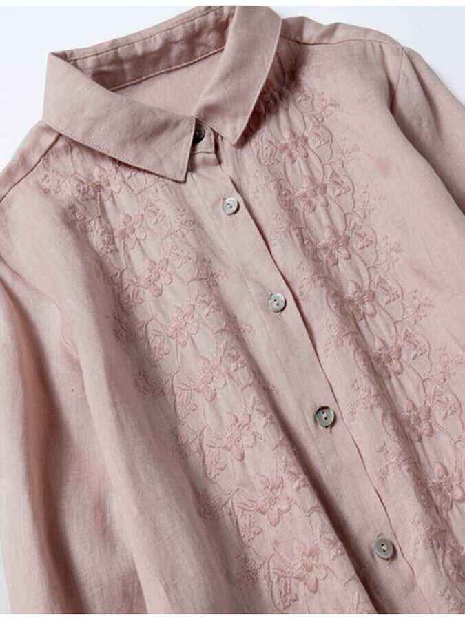 3/4 Sleeves Cotton Linen Loose And Slim Embroidered Dress