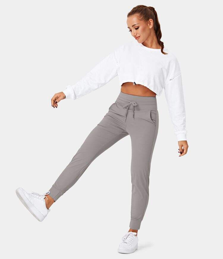 Airy High Waisted Drawstring Side Pocket Plain Cool Touch Full Length Joggers-UPF50+
