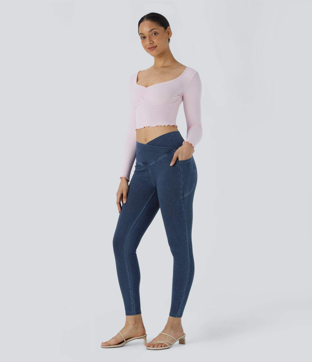 Crossover Side Pocket Washed Stretchy Knit Denim Work Leggings