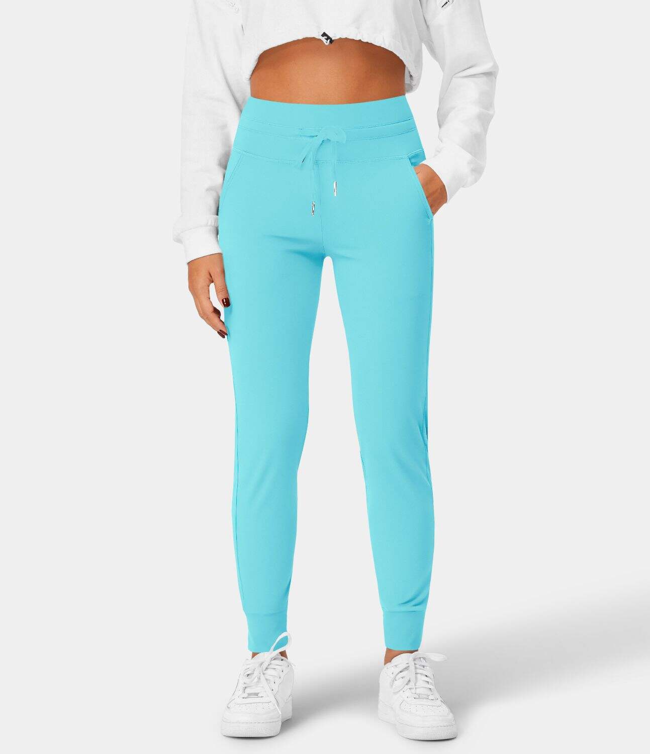 Airy High Waisted Drawstring Side Pocket Plain Cool Touch Full Length Joggers-UPF50+