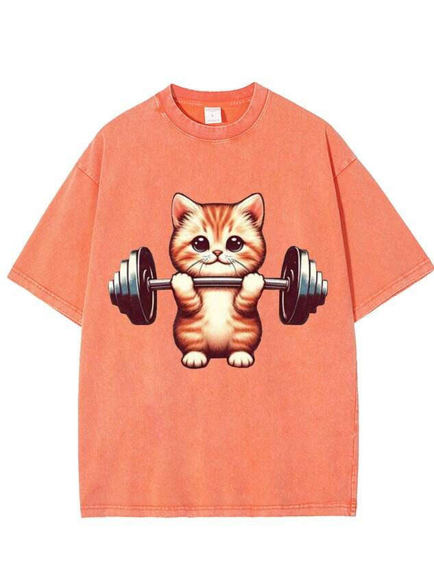 Funny and Cute Weightlifting Cat Print Washed T-Shirt 🐱💪