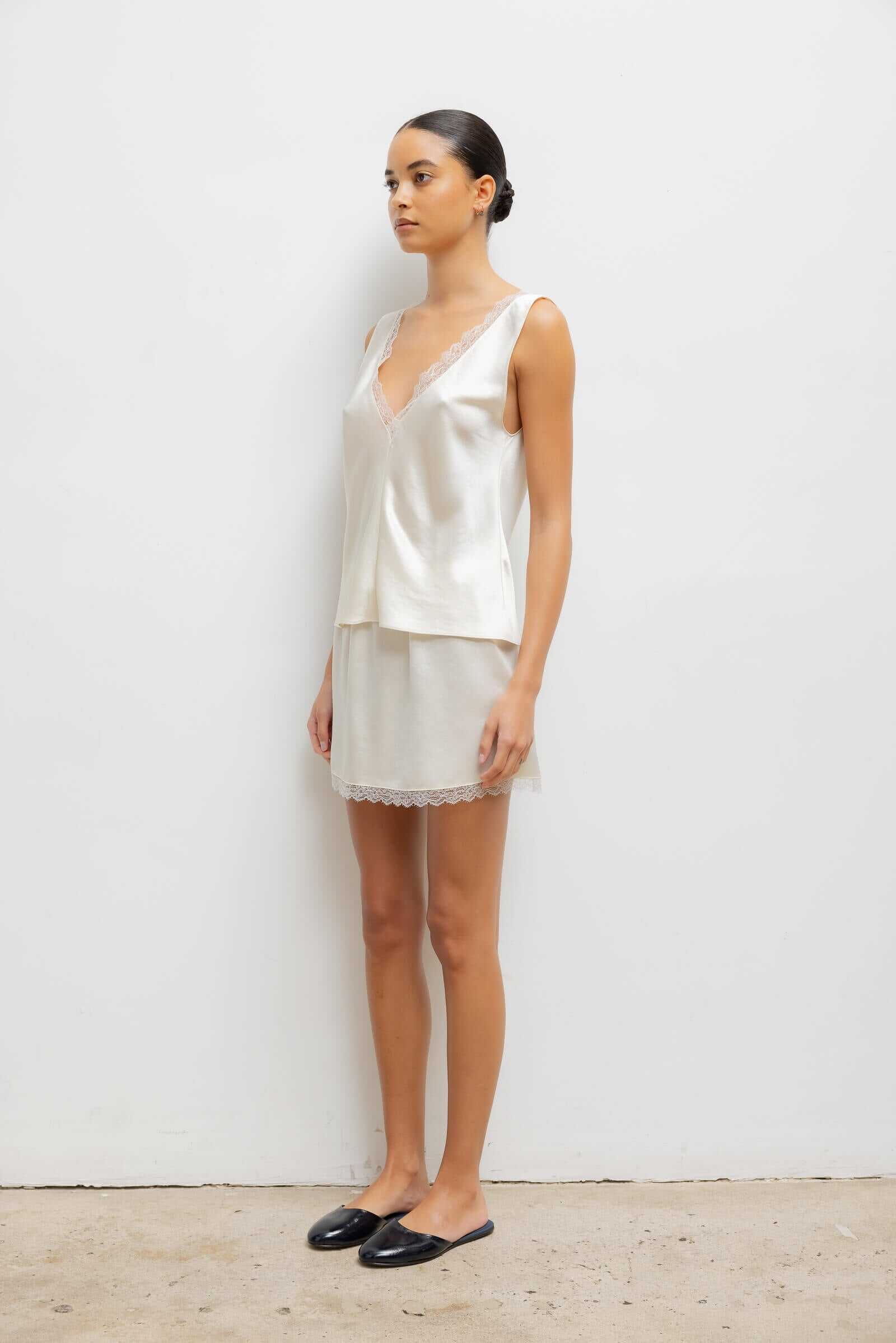 Leset Barb Lace V Neck Tank in Creme