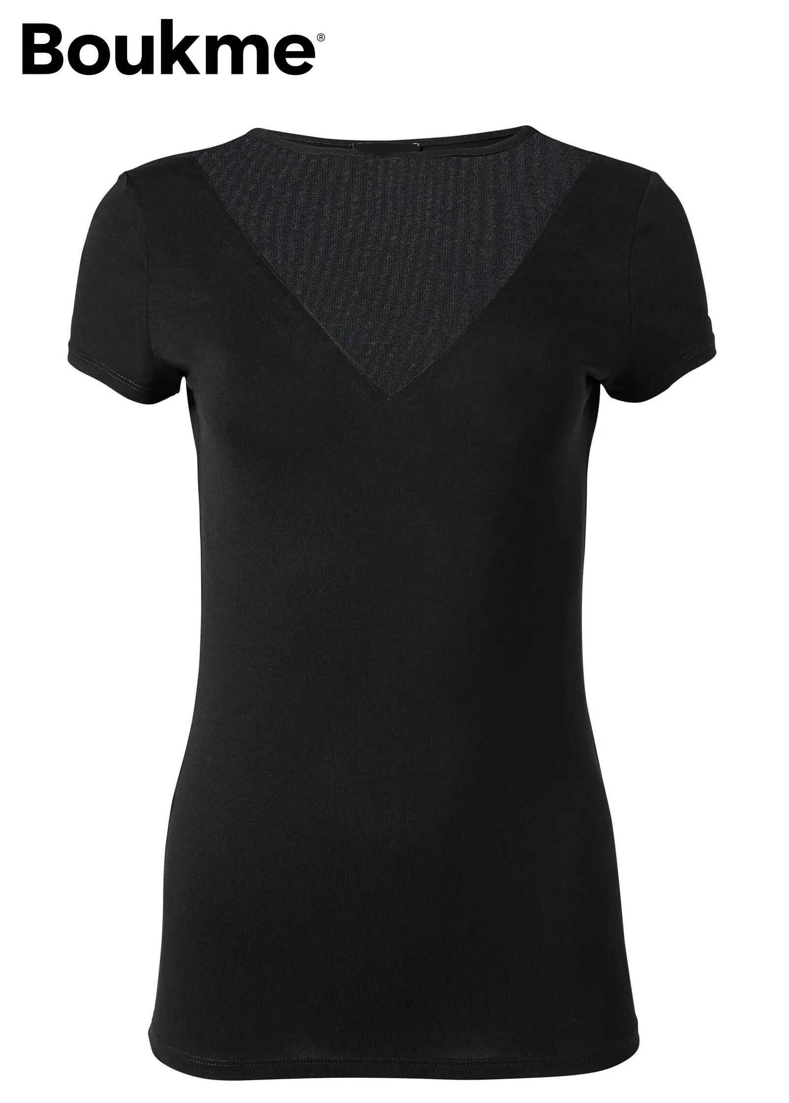 Mesh Detail V-Neck Top - Black