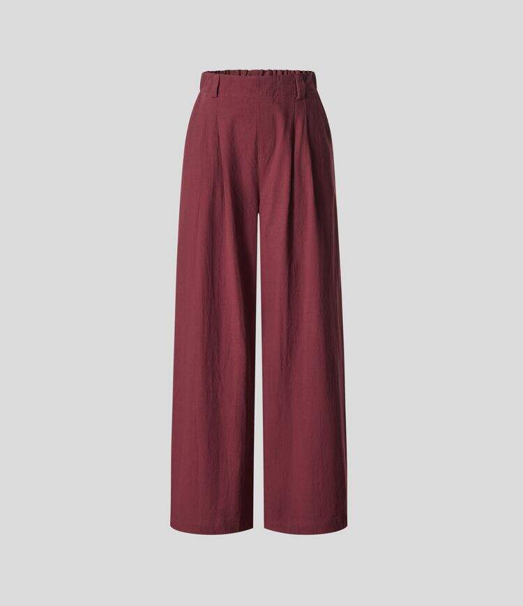 High Waisted Plicated Side Pocket Wide Leg Flowy Solid Palazzo Casual Linen-Feel Pants