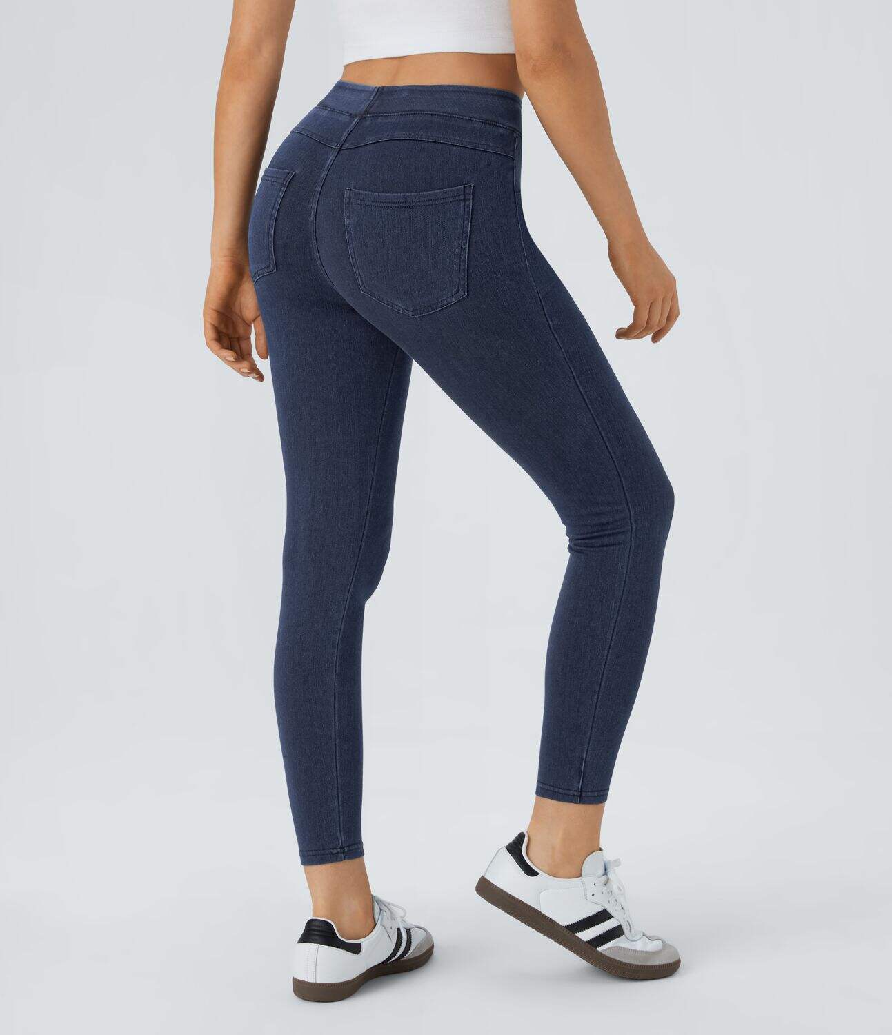 Ha High Waisted Back Side Pocket Stretchy Knit Denim Casual Leggings
