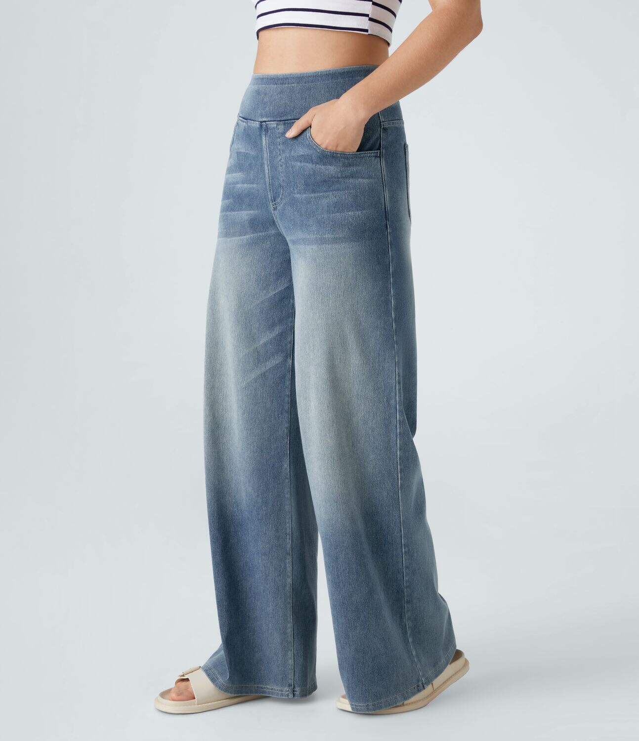 High Waisted Multiple Pockets Wide Leg Washed Stretchy Knit Casual Jeans