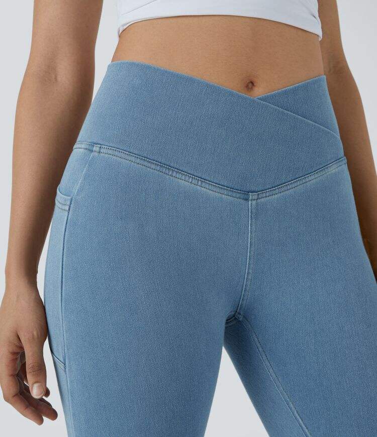 Crossover Side Pocket Washed Stretchy Knit Denim Work Leggings