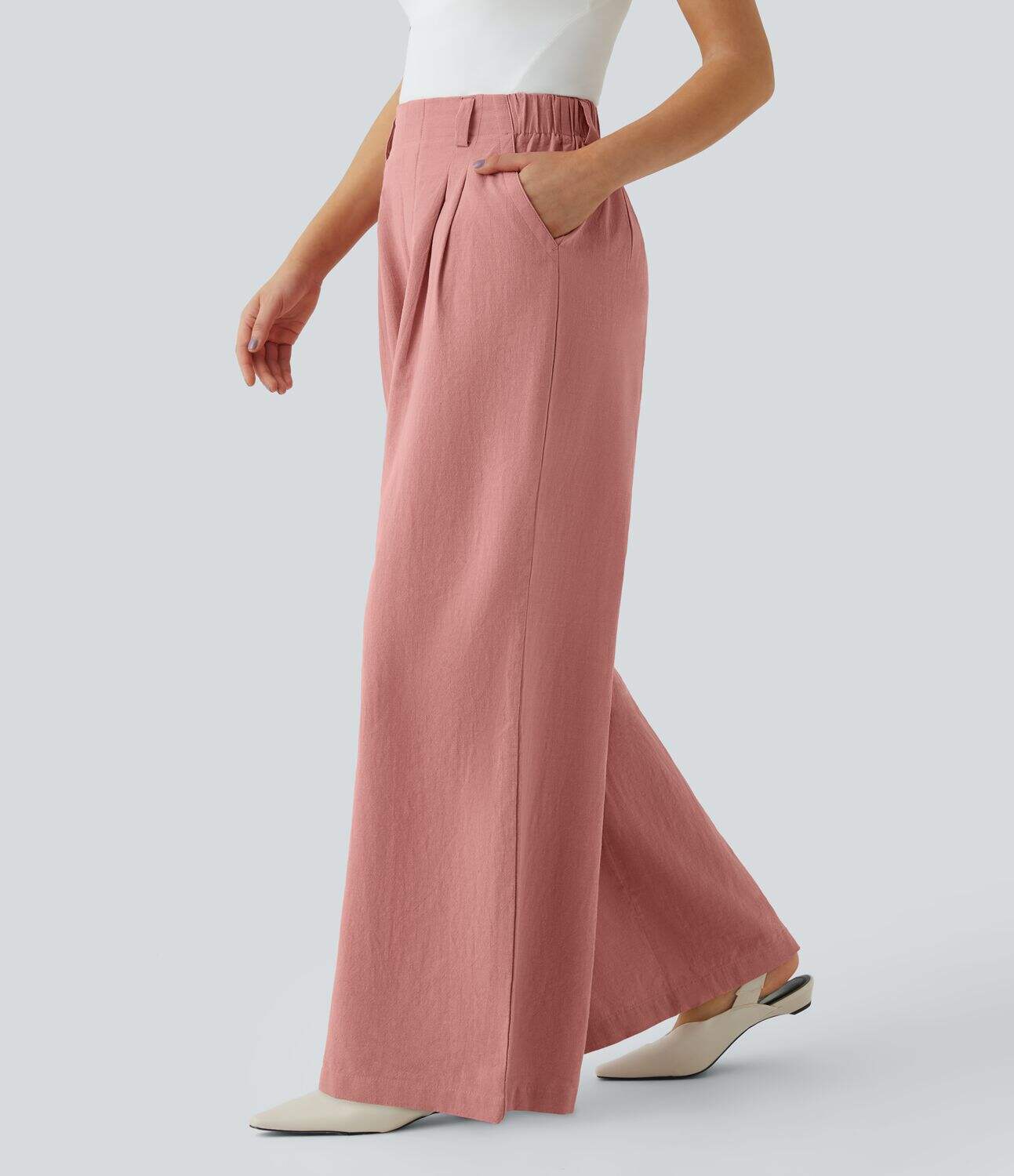 High Waisted Plicated Side Pocket Wide Leg Flowy Solid Palazzo Casual Linen-Feel Pants
