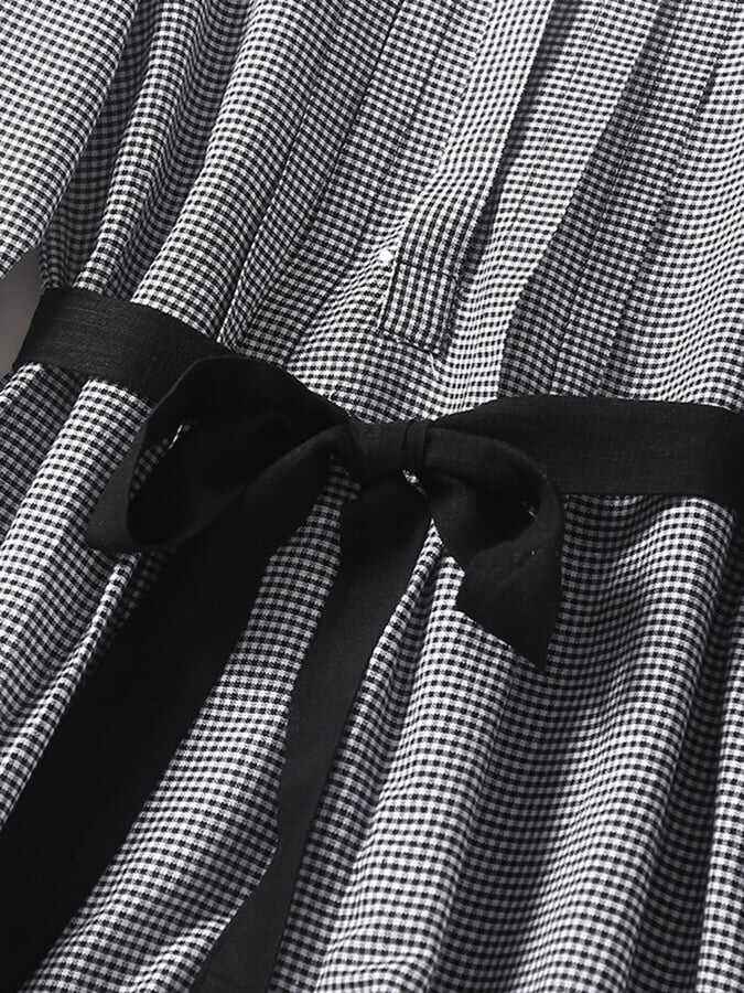 Cotton Vintage Belt Plaid Long Sleeve Dress