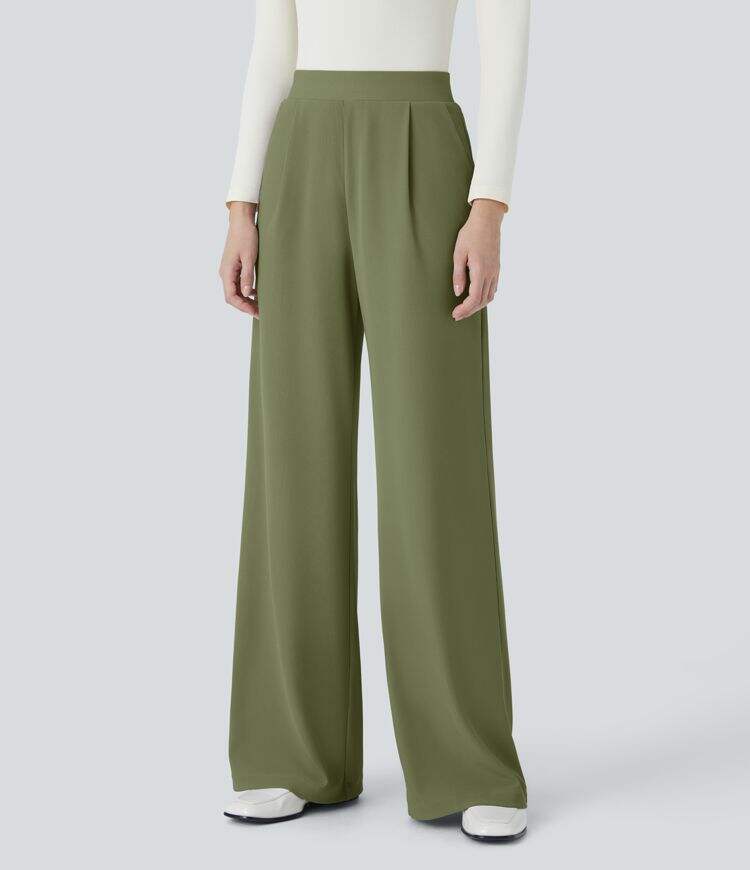 Ha High Waisted Body Sculpt Waist-Slimming Side Pocket Wide Leg Micro Waffle Work Pants