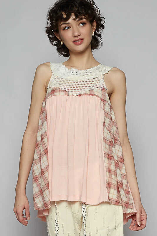 POL Peachy Pink Plaid Lace Top *Final Sale*
