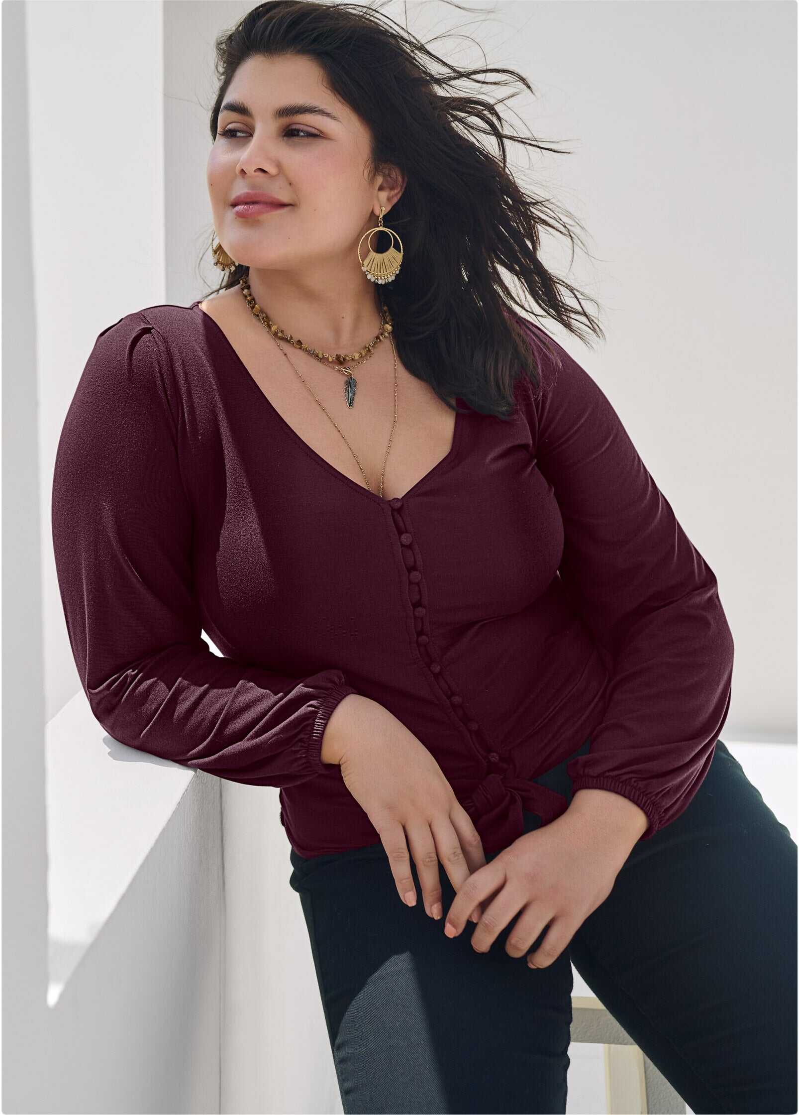 Tie-Front Button-Up Top - Wine