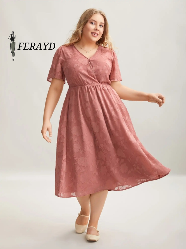 Textured Surplice Neck Flared Sleeve Midi Dress