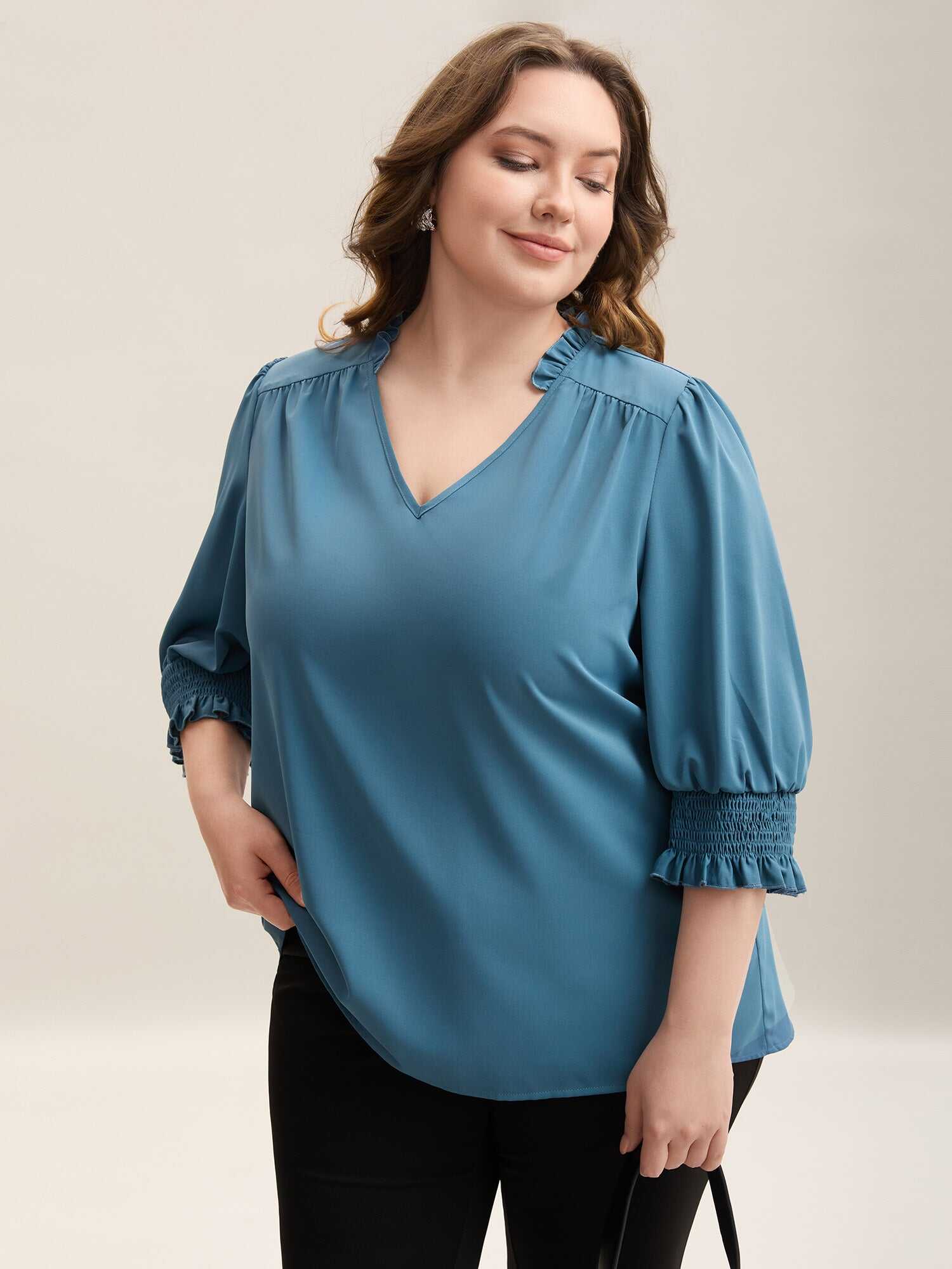 Shirred Sleeve Collared Plain Blouse