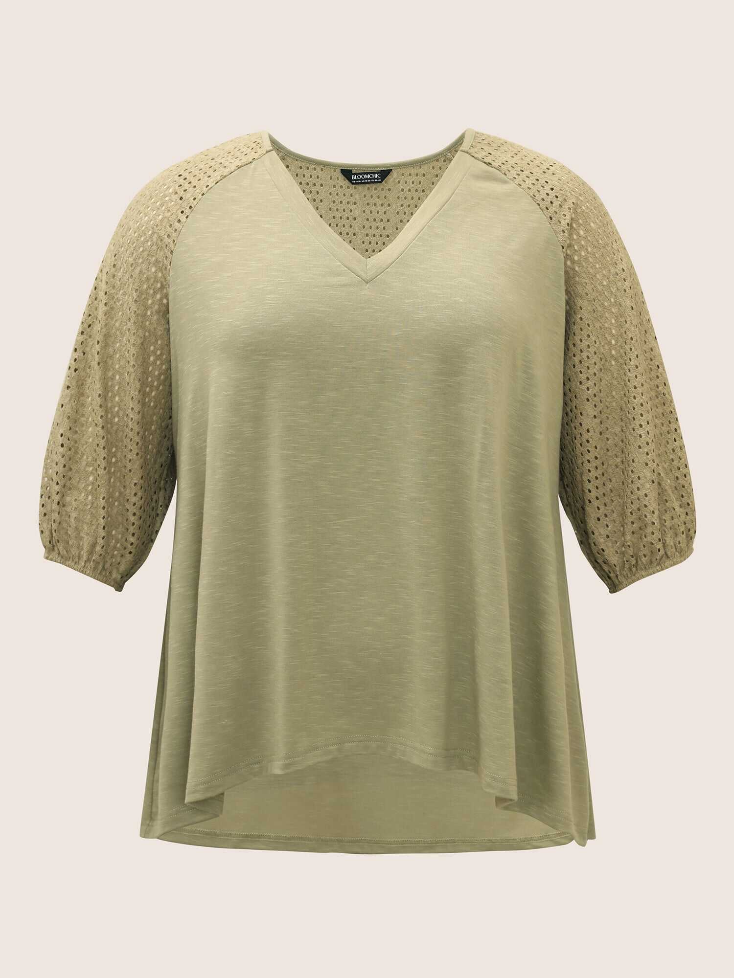 Texture Cut Out Patchwork Lantern Sleeve T-shirt