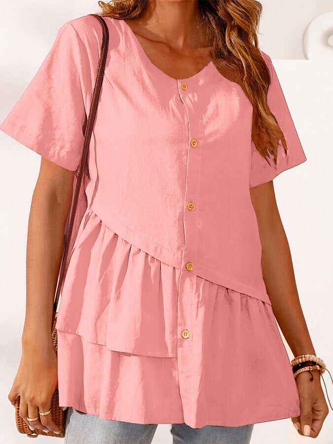 Cotton And Linen Irregular Hem Short-sleeved Casual Top