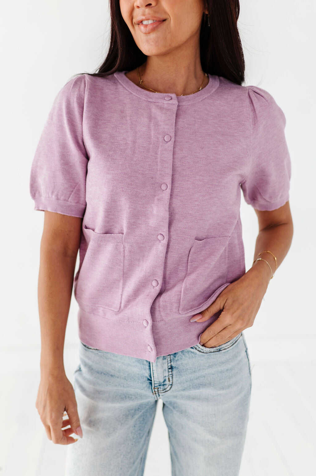 Betty Short Sleeve Cardigan in Blush - Size XL Left