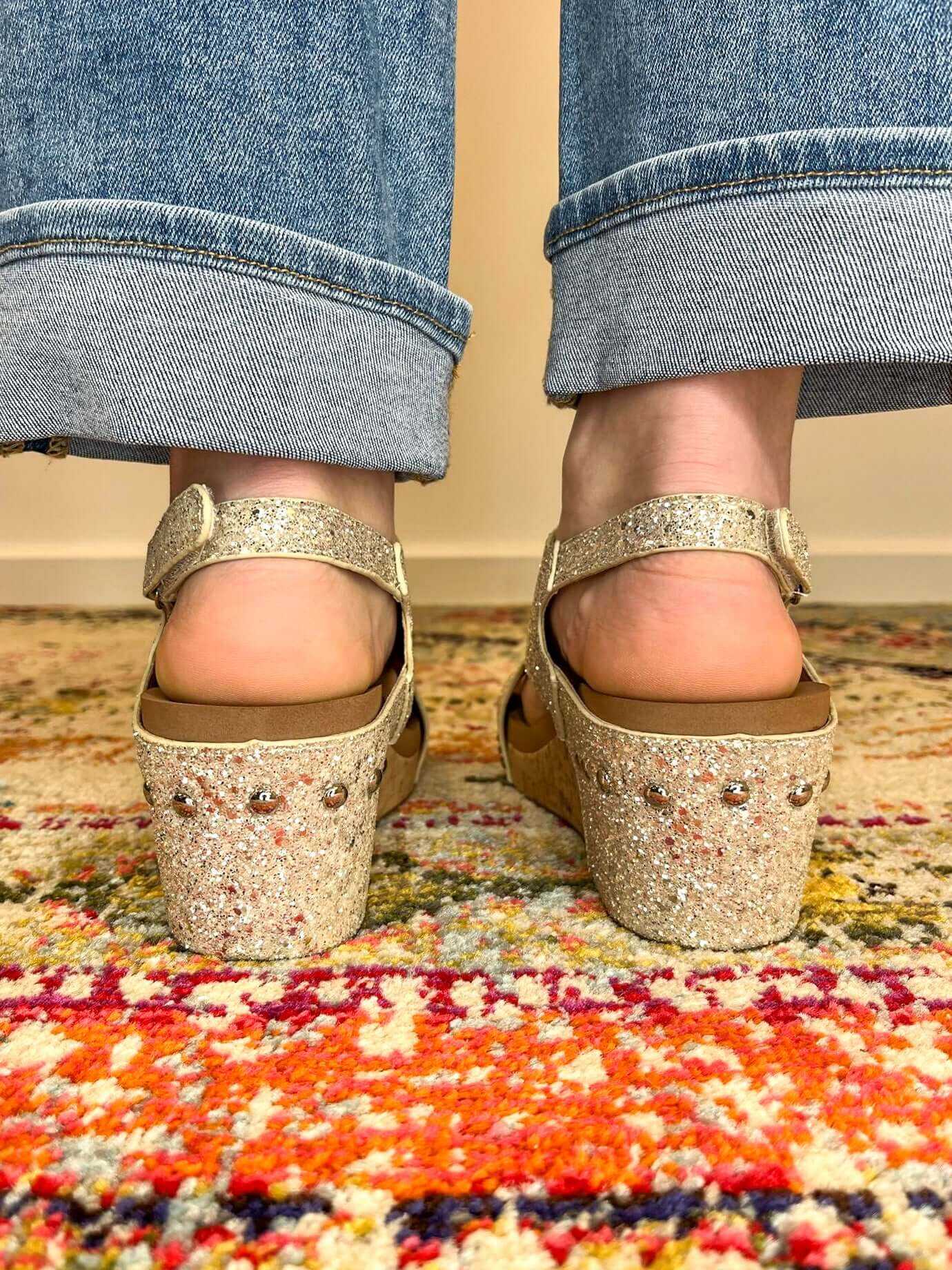 Corkys Footwear Carley Wedge Sandal - Beige New Glitter