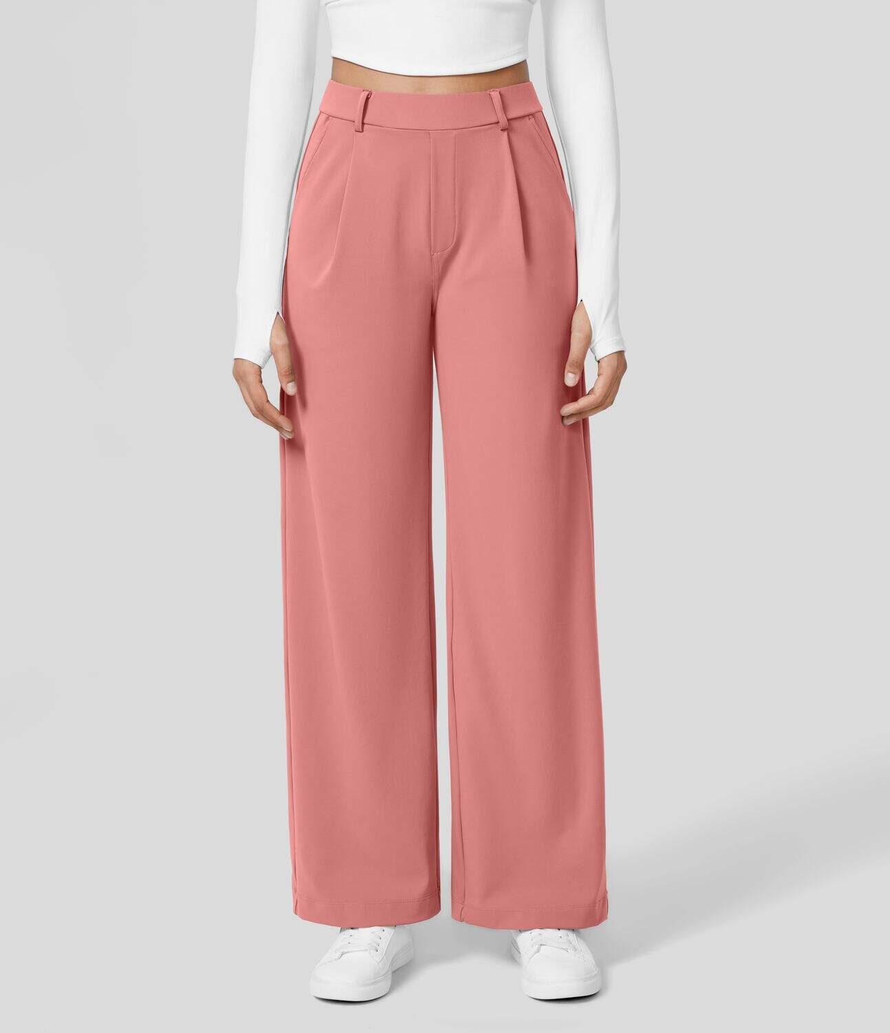 High Waisted Plicated Side Pocket Straight Leg Work Pants