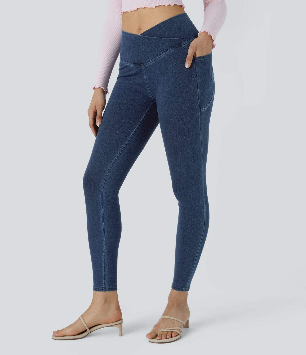 Crossover Side Pocket Washed Stretchy Knit Denim Work Leggings